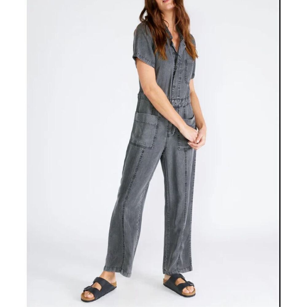 Zara Ash Gray Wash Tencel Boho Short Sleeve Button Front Utility Jumpsuit Small
